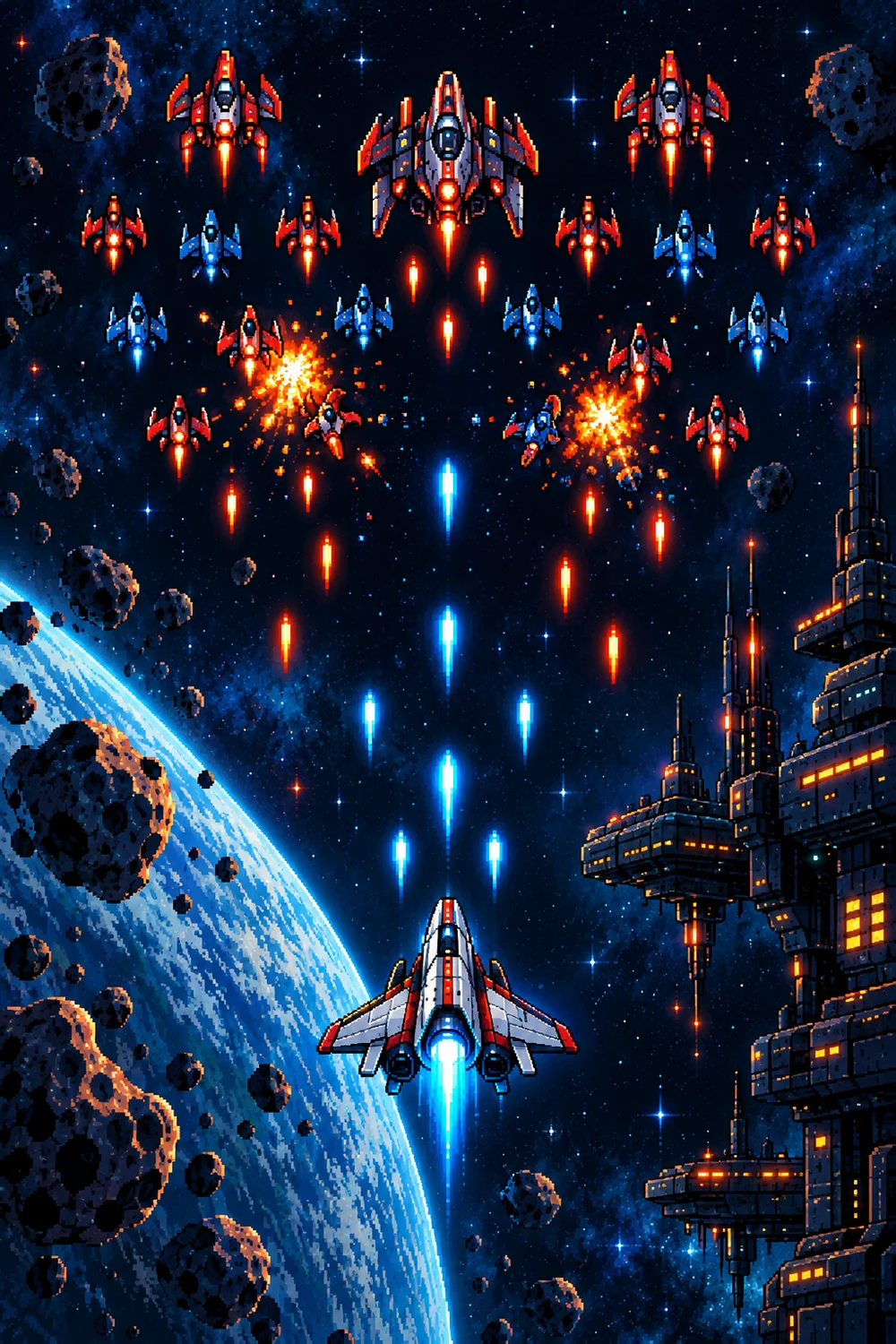 Provisional pixel art illustration of a player spaceship facing alien ships and projectiles in space.