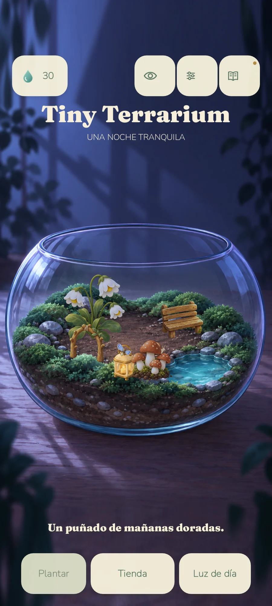Provisional garden interface with a glass terrarium, flowers, a bench, mushrooms and a pond at night.