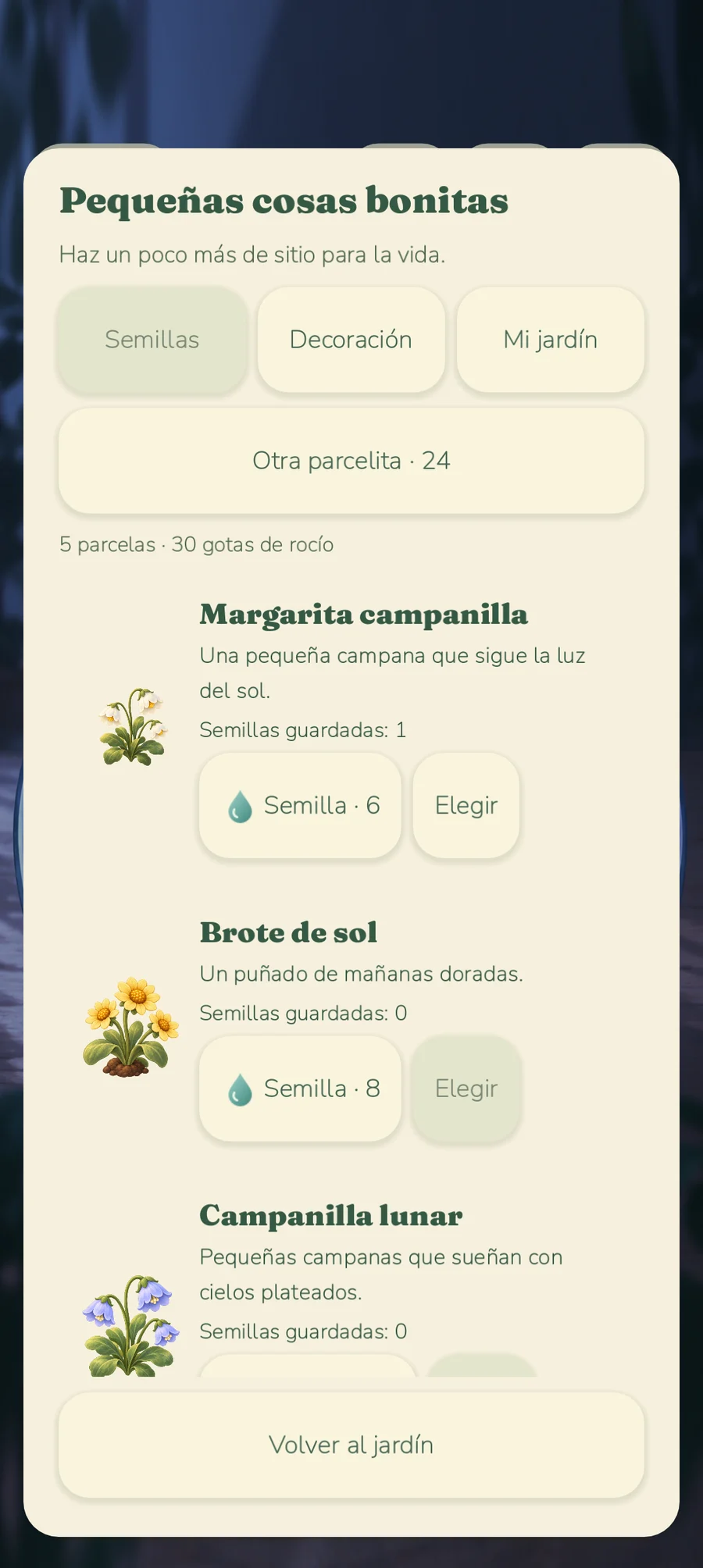 Provisional shop interface showing seeds, decoration and garden tabs, with flower options.