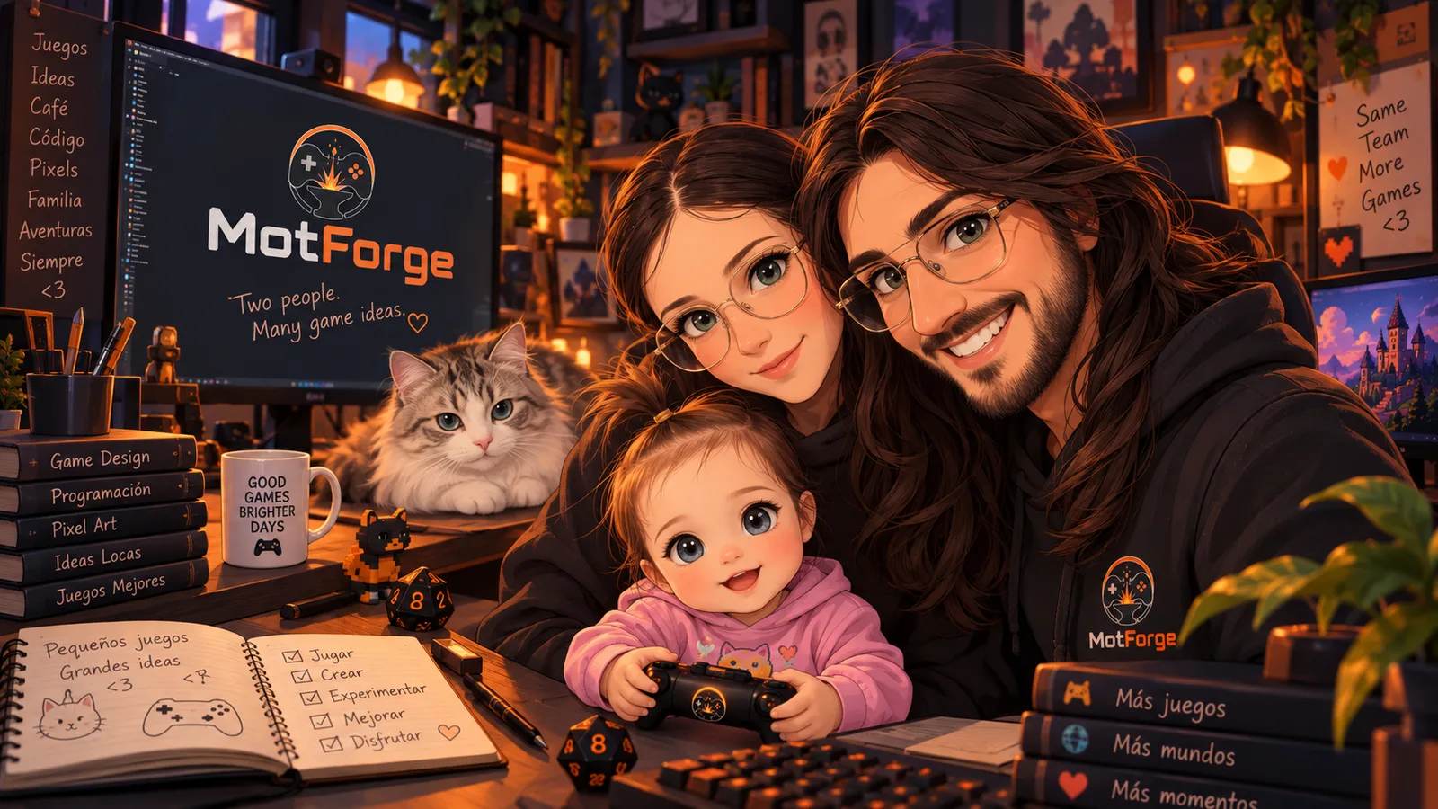 Illustration of Kevin, Bea and their family in the MotForge studio
